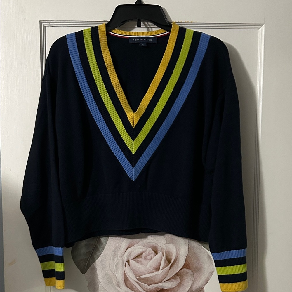 Tommy Hilfiger Navy V-Neck Sweater with Blue, Yellow & Lime Stripes